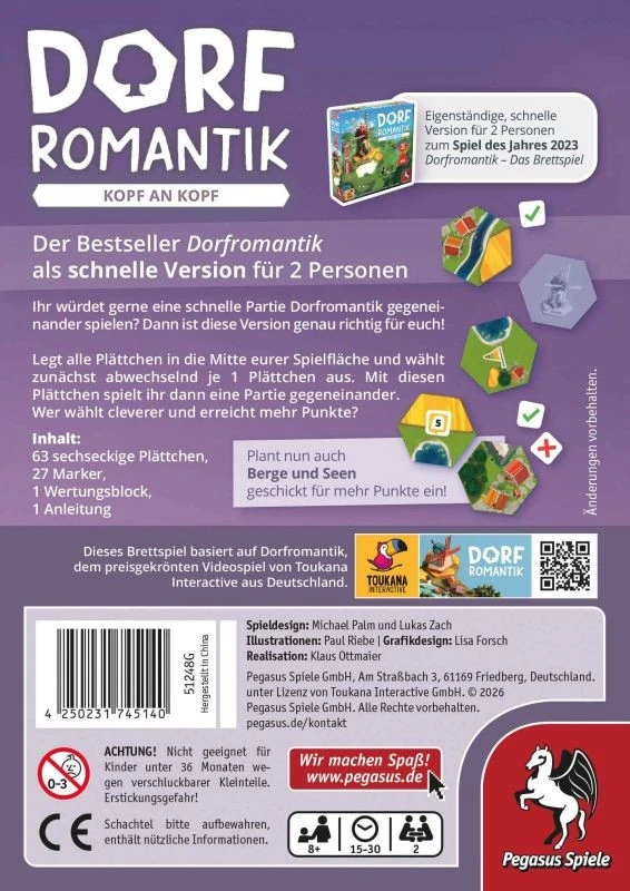 Dorfromantik – Kopf an Kopf Brettspiel mit sechseckigen Landschaftsplättchen, Wäldern, Feldern, Dörfern, Flüssen, Bergen und Seen