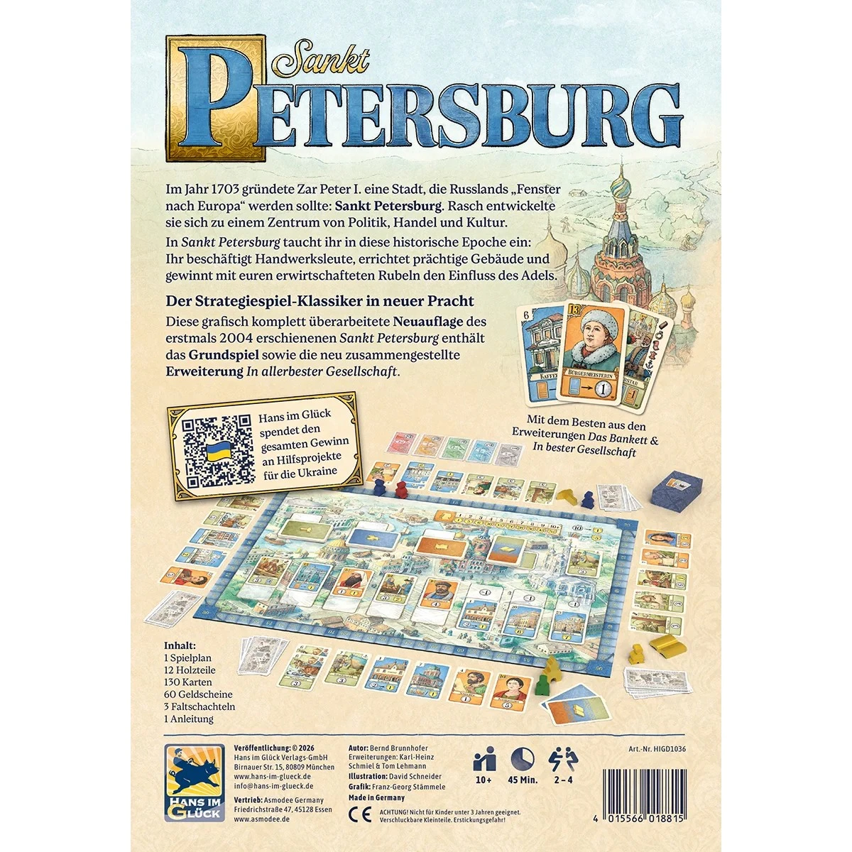 Sankt Petersburg Brettspiel mit überarbeitetem Spielmaterial, Handwerksleuten, Gebäudekarten und historischen Motiven aus dem Russland des 18. Jahrhunderts