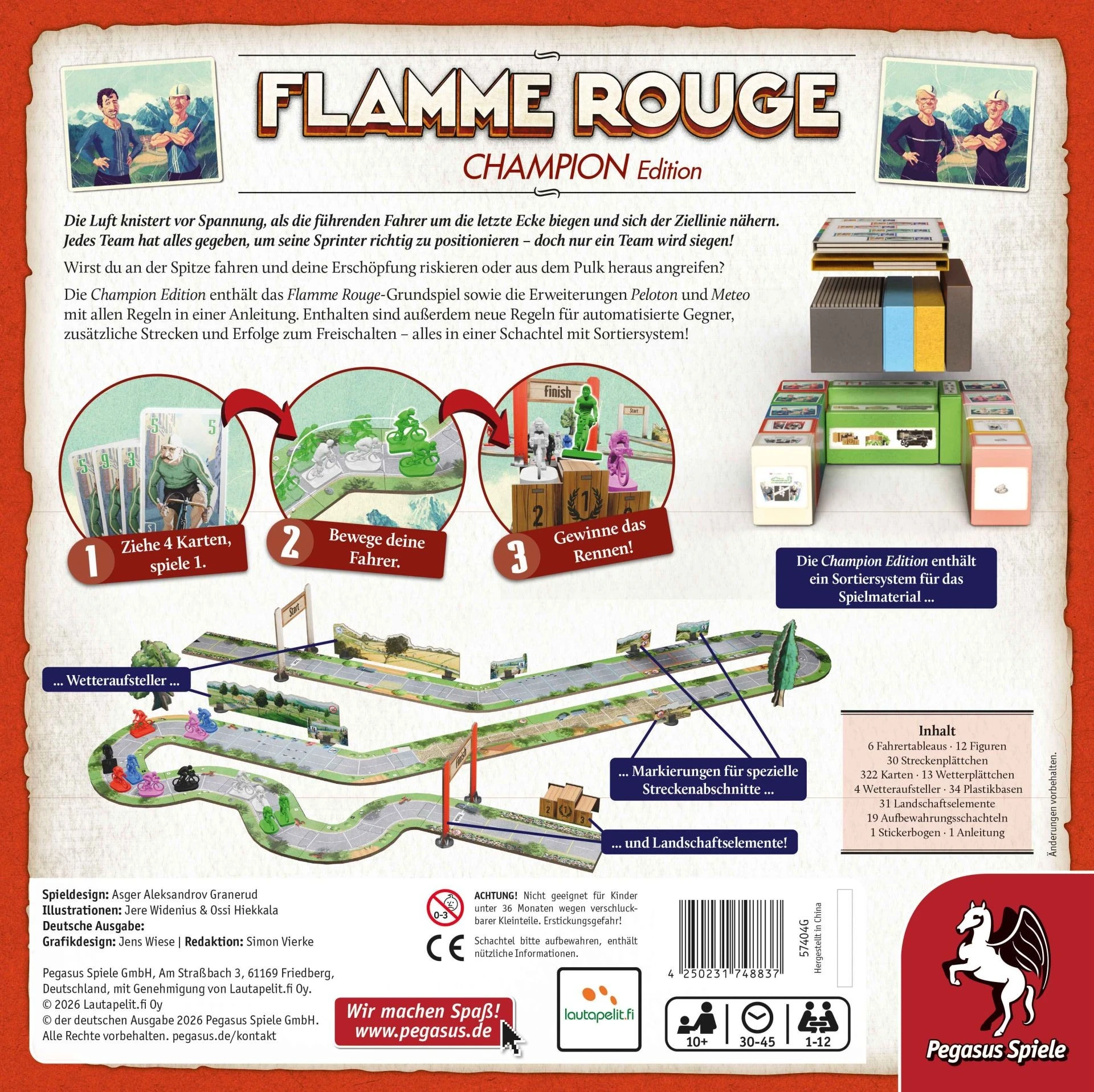 Flamme Rouge Brettspiel mit Radrennfahrerfiguren, Streckenplättchen, Rennkarten, Wetterplättchen und Landschaftselementen
