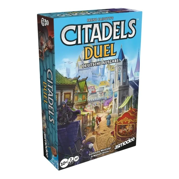 Citadels Duel Brettspiel mit Gebäudekarten, Charakterplättchen und Stadtbezirken für zwei rivalisierende Baumeister