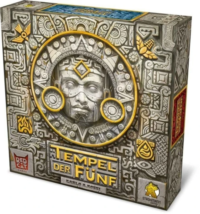 Tempel der Fünf Brettspiel mit dreistufigen Tempelpyramiden und farbigen Plättchen