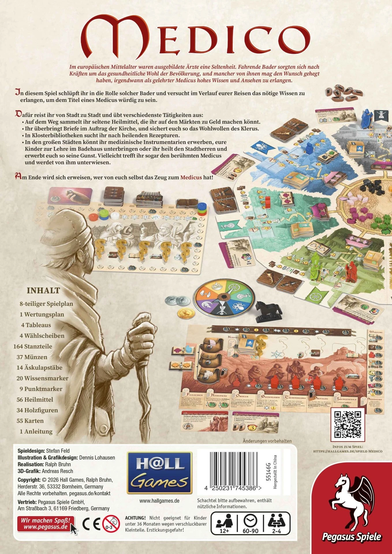 Medicus Brettspiel mit mittelalterlichem Spielplan, Heilmitteln, Wissensmarkern, Münzen und Holzfiguren