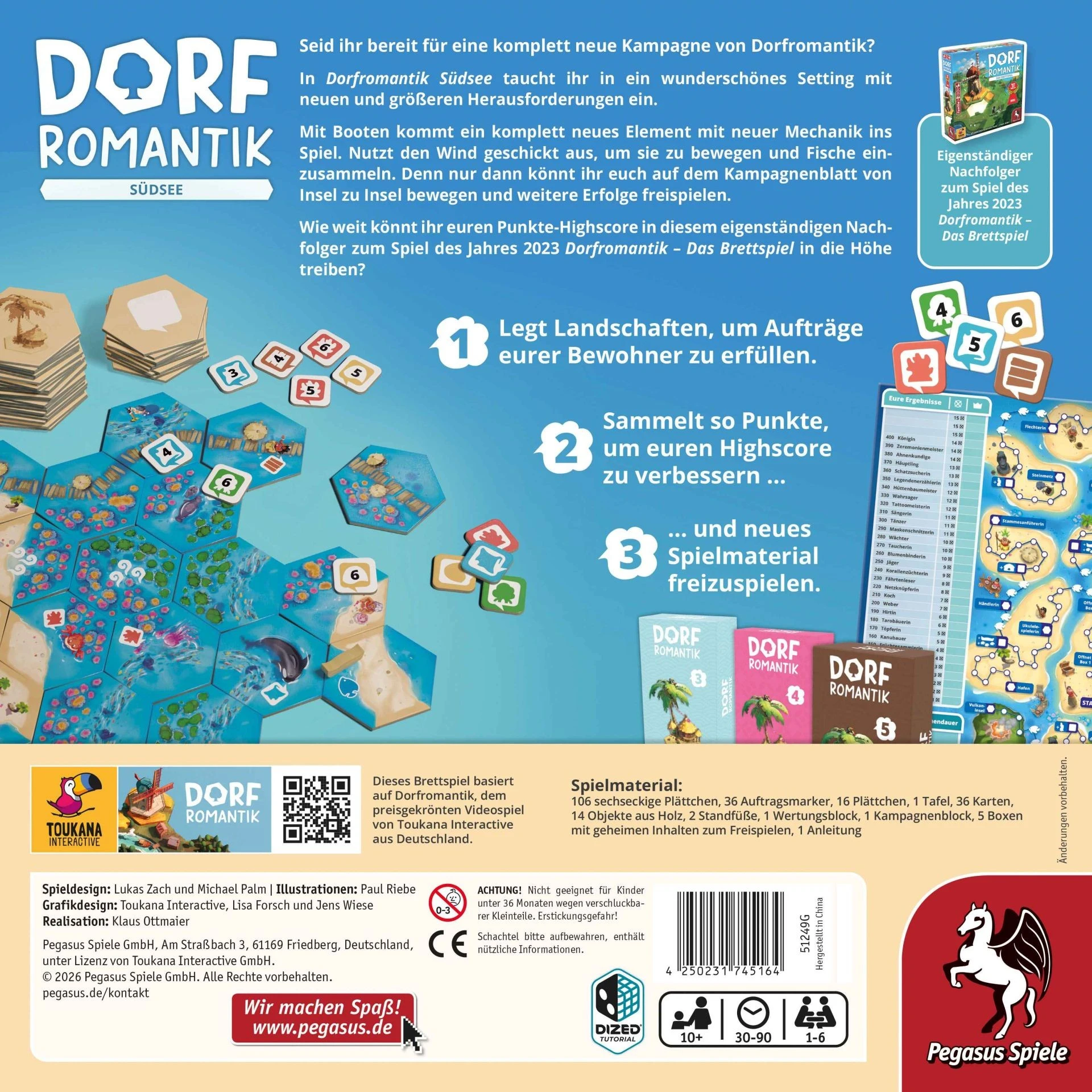 Dorfromantik Südsee Brettspiel mit sechseckigen Inselplättchen, Mangroven, Fischschwärmen, Holzbooten und Kampagnenmaterial
