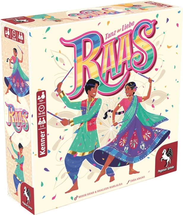 Raas Dice-Drafting-Spiel mit Tanzschulplänen, Würfeln, Drehscheiben und farbigen Holzteilen