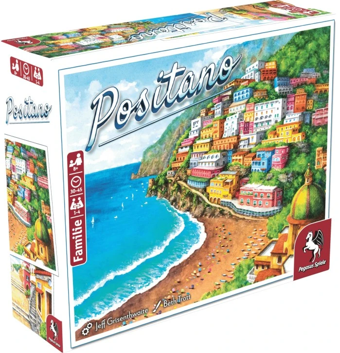 Positano Brettspiel mit bunten 3D-Häusern an Klippen, blauem Meer, Strandspielplan und Gebäudeteilen