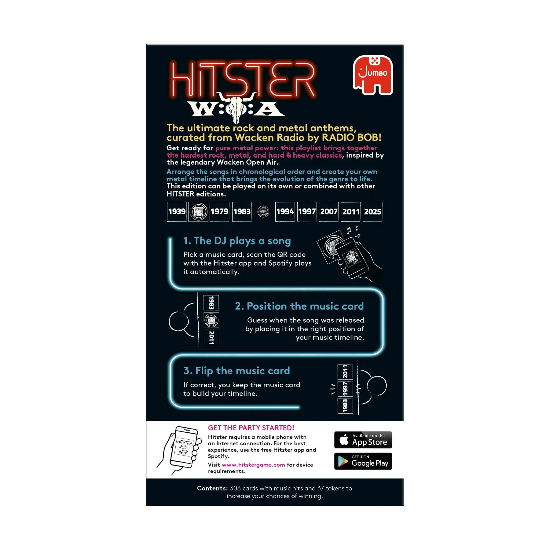 Hitster Wacken – Rock- und Metal-Musikspiel mit 308 Karten und 37 Token