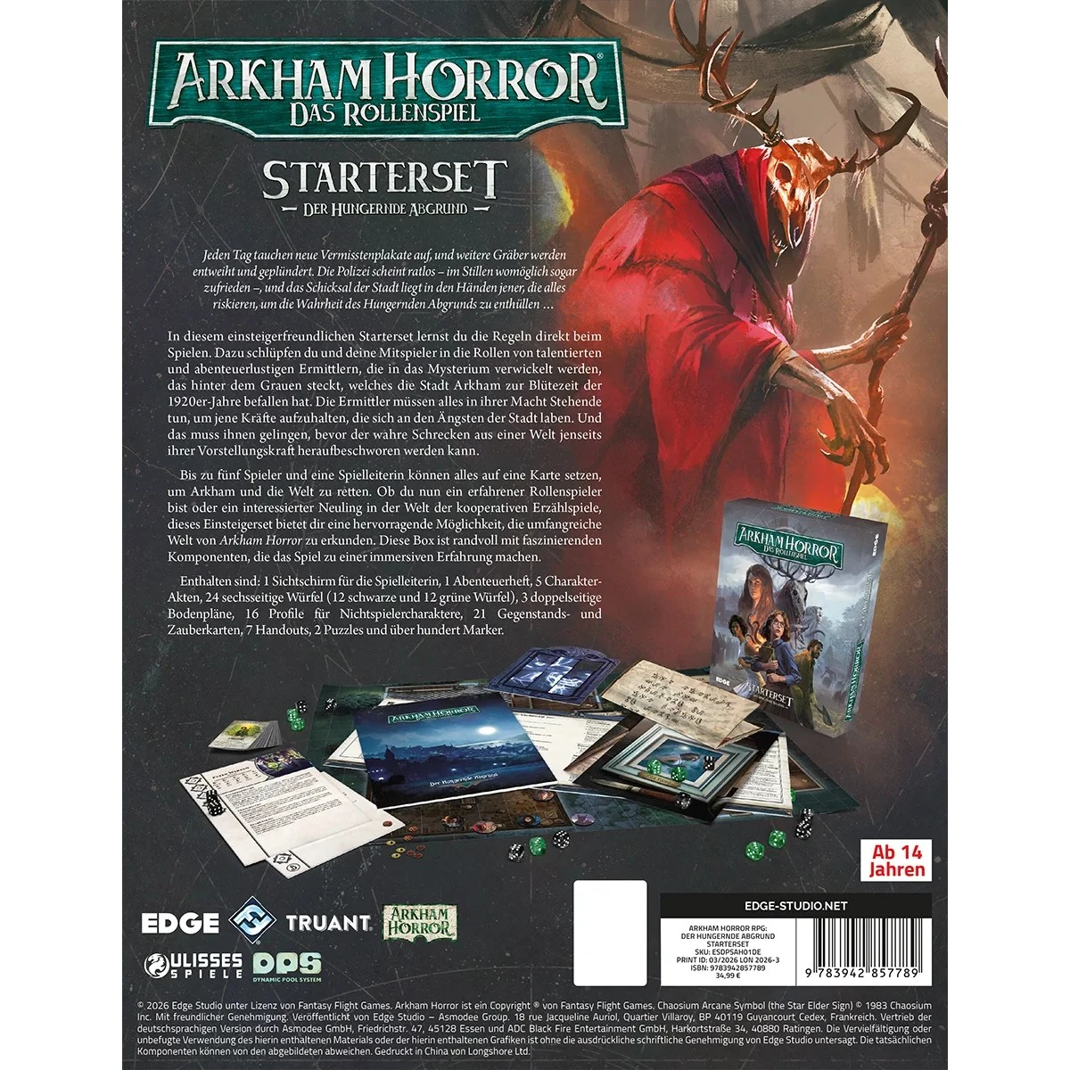 Arkham Horror Der Hungernde Abgrund Starterset mit Spielleiterschirm, Charaktermaterialien und Abenteuer für das Rollenspiel