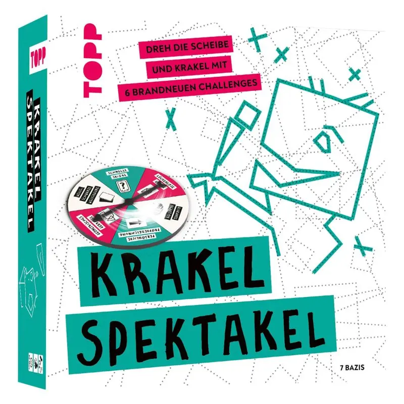 Krakel-Spektakel Zeichenspiel mit Begriffskarten, Drehscheibe, Zufallstimer und Zeichentafeln mit gestrichelten Linien