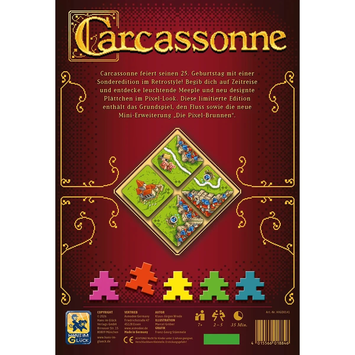 Carcassonne 25 Jahre Jubiläumsausgabe mit Pixel-Art-Spielplättchen, bunten Pixel-Meeple, Fluss und Mini-Erweiterung Pixel-Brunnen