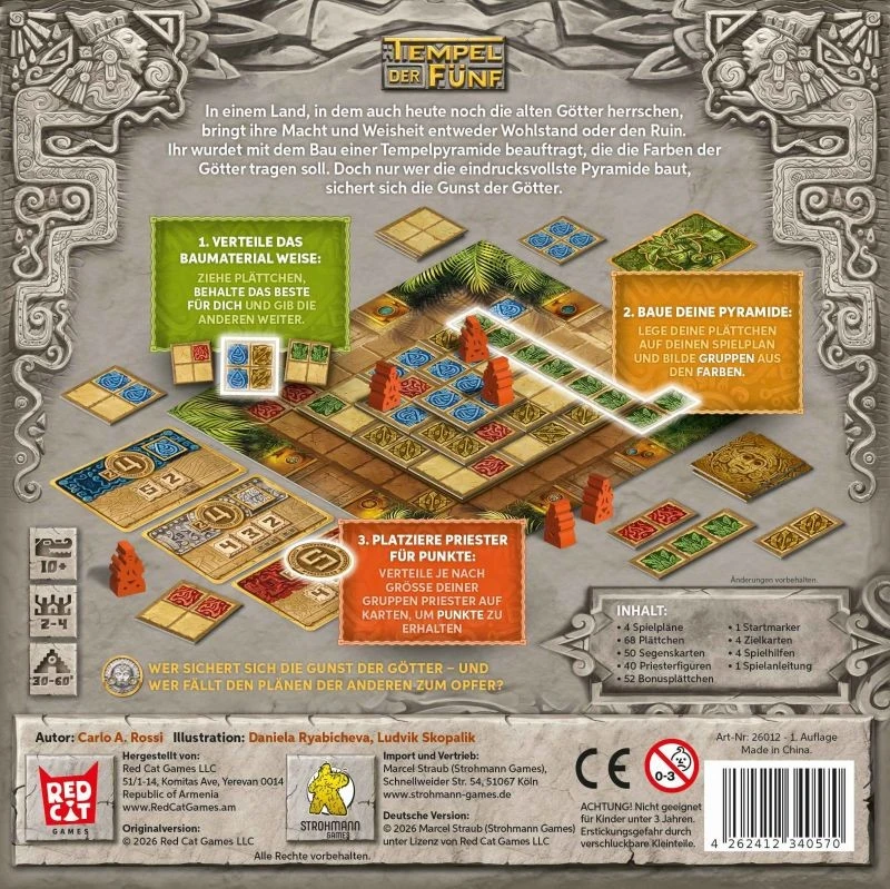 Tempel der Fünf Brettspiel mit dreistufigen Tempelpyramiden und farbigen Plättchen