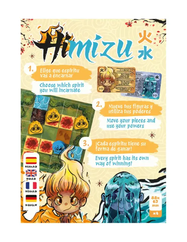 Himizu Strategiespiel mit Feuer- und Wasserplättchen, Spielfiguren und einem Raster-Spielplan für das asymmetrische Wald-Duell