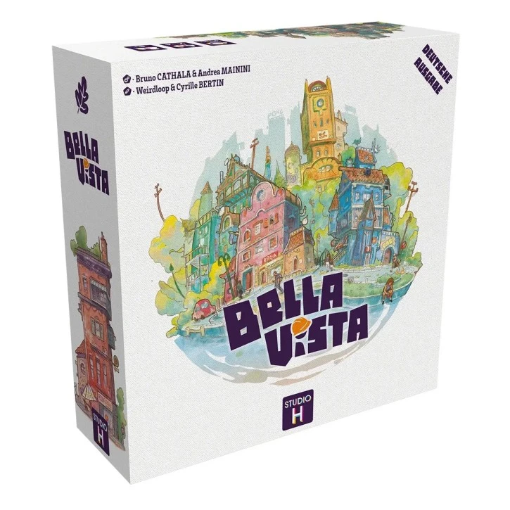 Bella Vista Brettspiel mit detailreichen 3D-Häusern, variablem Spielplan und farbigen Gebäuden für den Städtebau