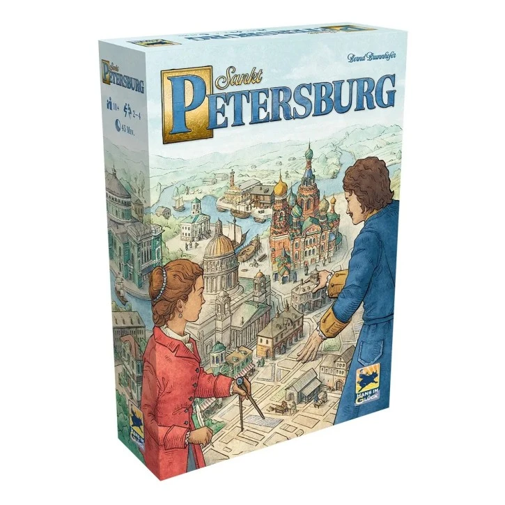 Sankt Petersburg Brettspiel mit überarbeitetem Spielmaterial, Handwerksleuten, Gebäudekarten und historischen Motiven aus dem Russland des 18. Jahrhunderts