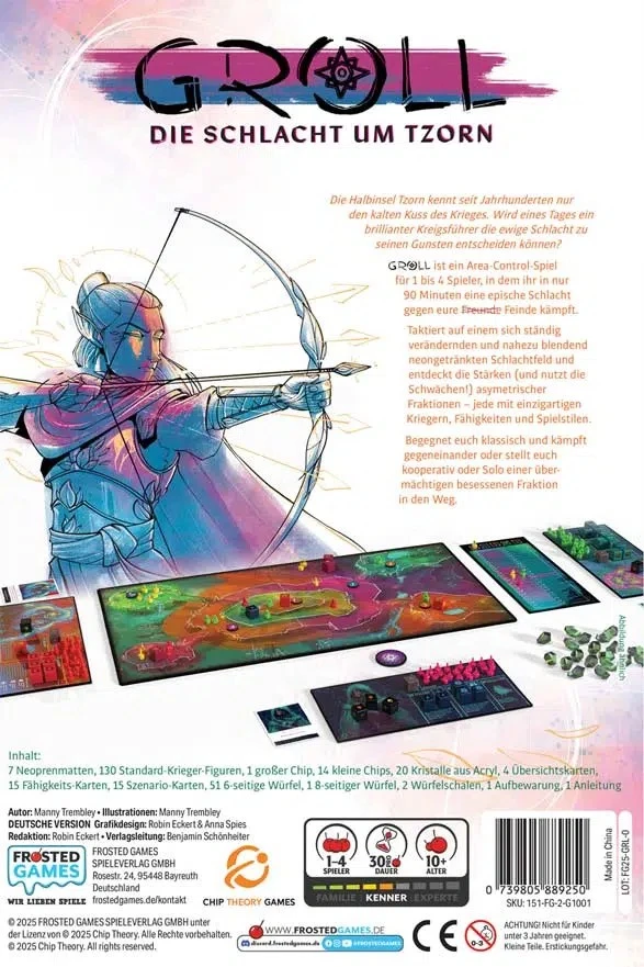 GROLL Area-Control-Brettspiel mit fünf asymmetrischen Fraktionen, Kriegerfiguren, Aktionswürfeln und Schlachtfeldmatte