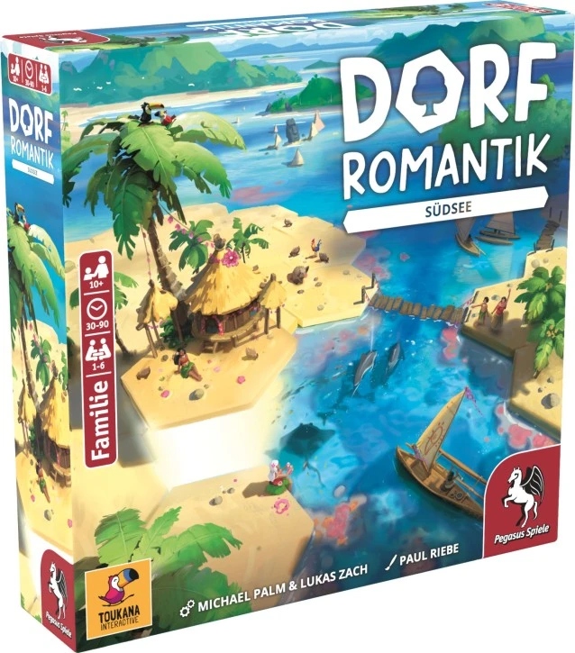 Dorfromantik Südsee Brettspiel mit sechseckigen Inselplättchen, Mangroven, Fischschwärmen, Holzbooten und Kampagnenmaterial