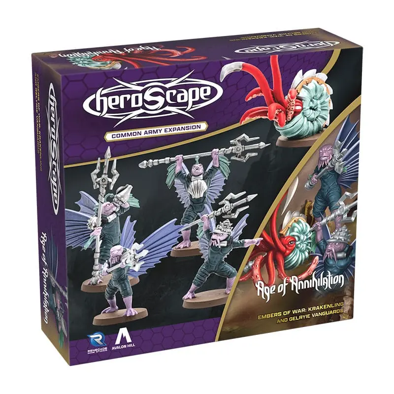 Heroscape Krakenling & Gelryie Vanguards mit 5 unbemalten Miniaturen und 2 englischen Armeekarten