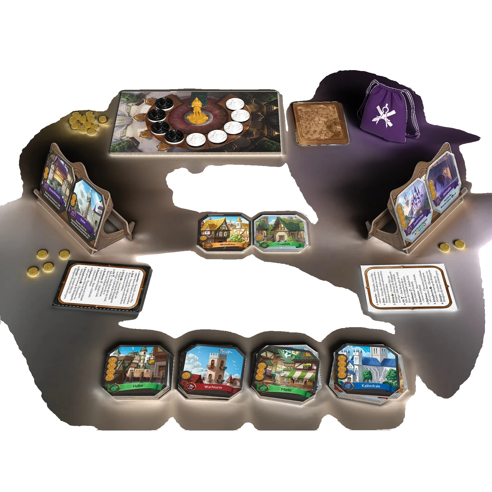 Citadels Duel Brettspiel mit Gebäudekarten, Charakterplättchen und Stadtbezirken für zwei rivalisierende Baumeister