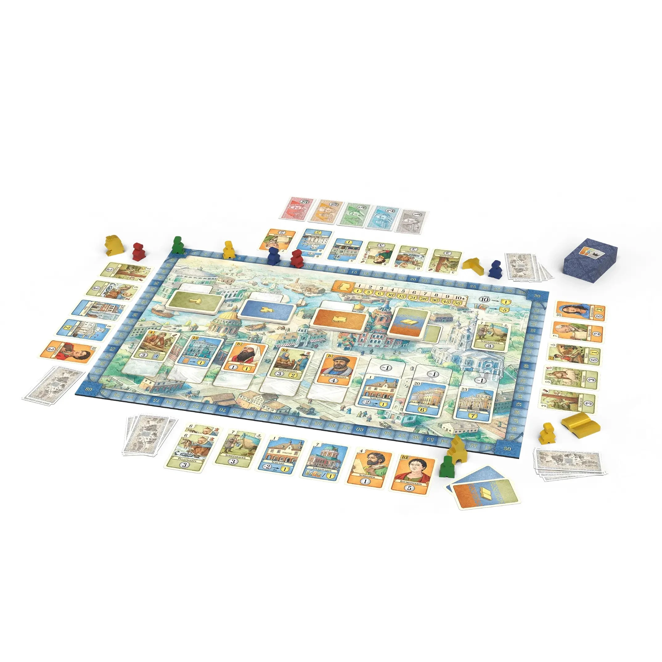 Sankt Petersburg Brettspiel mit überarbeitetem Spielmaterial, Handwerksleuten, Gebäudekarten und historischen Motiven aus dem Russland des 18. Jahrhunderts