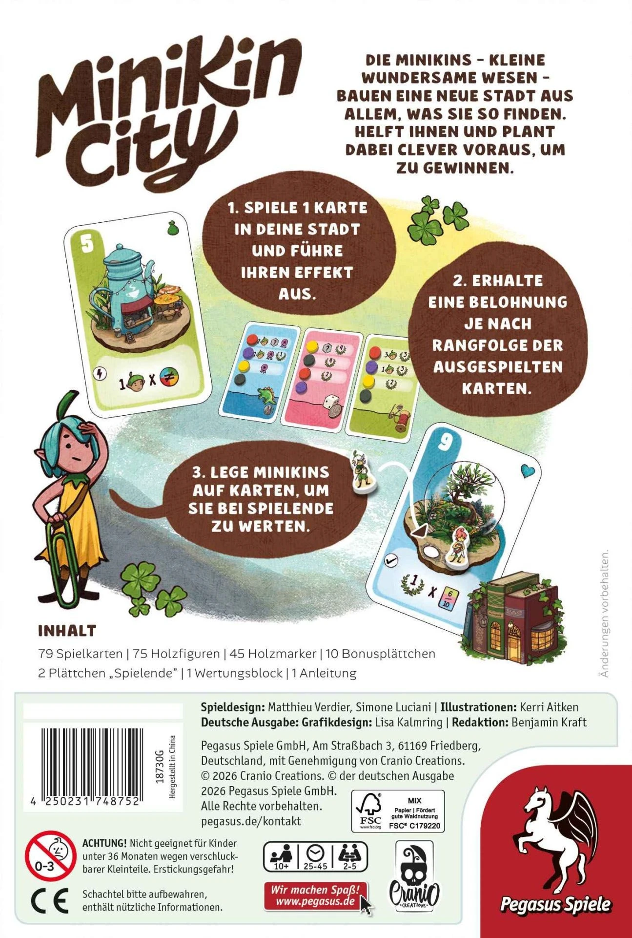 Minikin City Brettspiel mit Stadtkarten, Minikin-Holzfiguren und Bonusplättchen