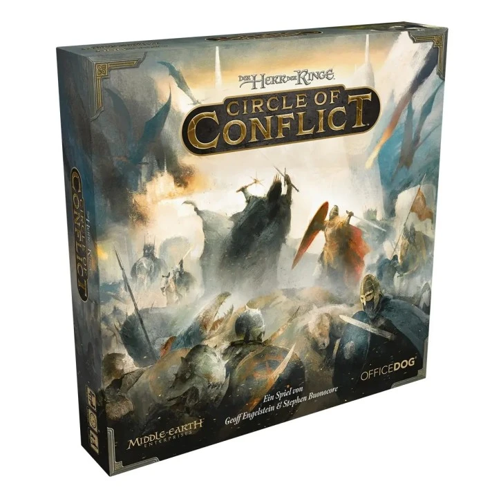 Der Herr der Ringe Circle of Conflict Brettspiel mit Spezialwürfeln, abwischbaren Spieltafeln, Gollum-Holzfigur und Mittelerde-Motiven