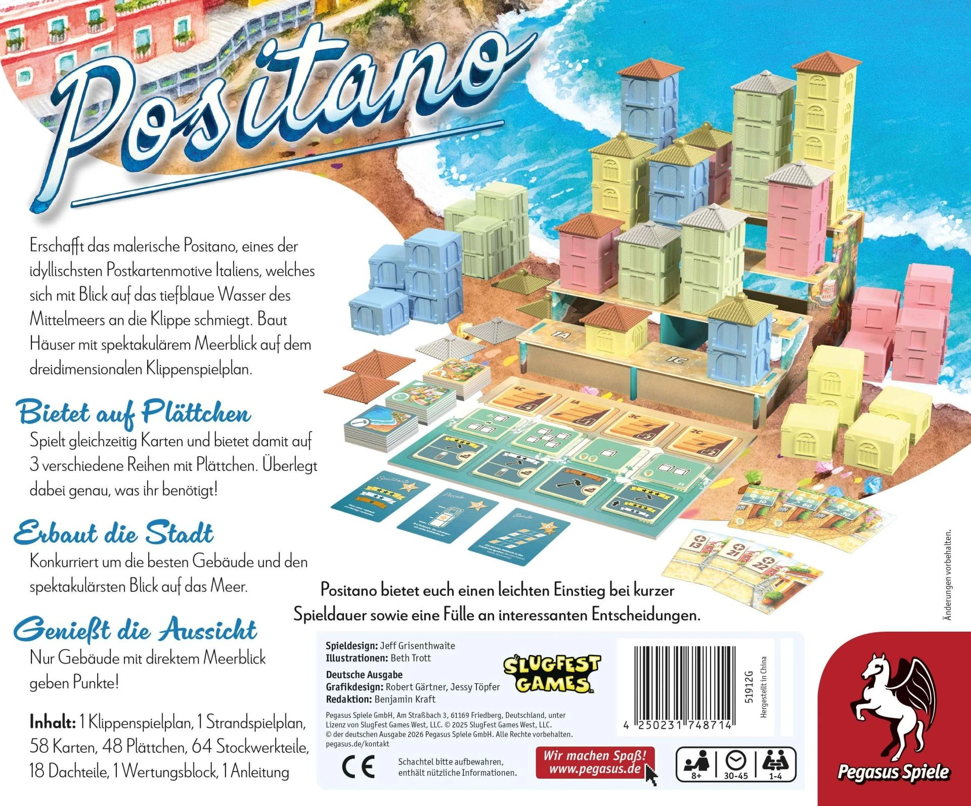 Positano Brettspiel mit bunten 3D-Häusern an Klippen, blauem Meer, Strandspielplan und Gebäudeteilen