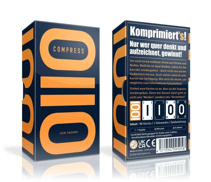 Kartenspiel mit 96 Karten, digitalen Sequenzen aus Einsen und Nullen und einem Holzmarker
