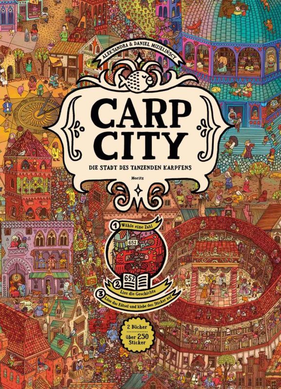 Carp City interaktives Rätselbuch mit wimmeligen Stadtillustrationen, wiederablösbaren Stickern und fantasievollen Figuren