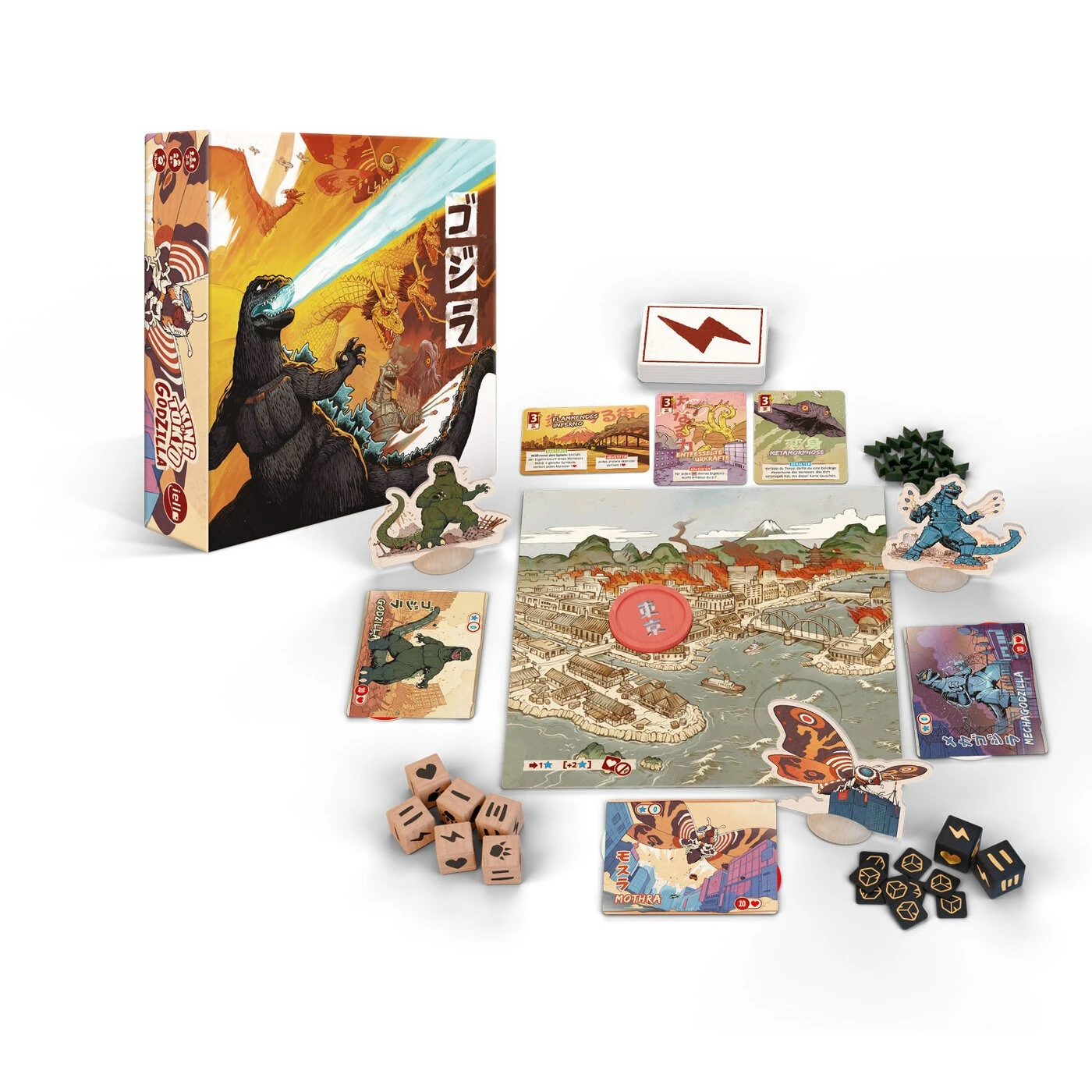 King of Tokyo Godzilla mit sechs Kaiju, Würfeln, Karten und Ereigniskarten