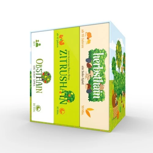 Hain-Trilogie mit den drei Kartenspielen Obsthain, Zitrushain und Herbsthain sowie farbenfrohen Obst-, Früchte- und Waldmotiven