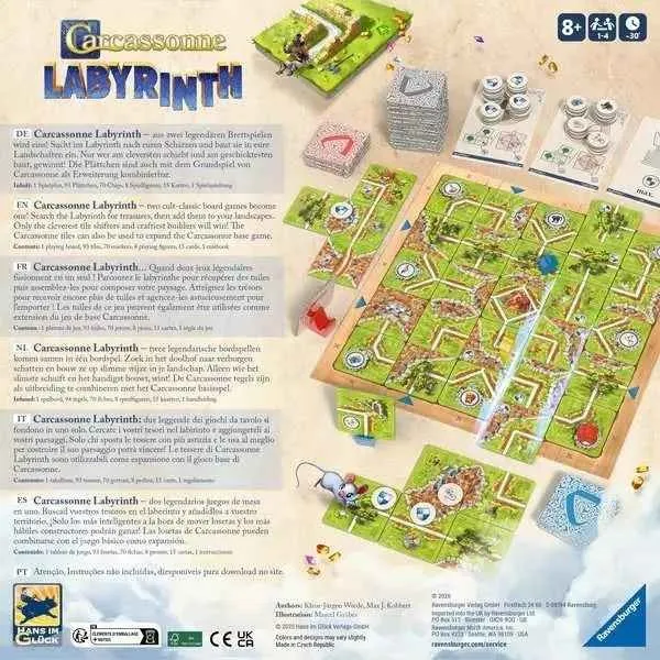 Carcassonne Labyrinth Brettspiel mit Spielplan, 96 Plättchen, Spielfiguren und Karten