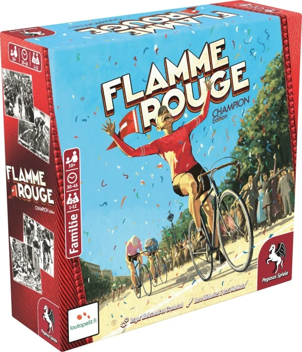 Flamme Rouge Brettspiel mit Radrennfahrerfiguren, Streckenplättchen, Rennkarten, Wetterplättchen und Landschaftselementen