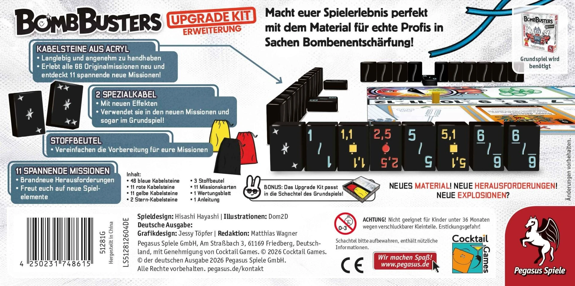 Bomb Busters Upgrade Kit mit farbigen Acryl-Kabelsteinen, Stoffbeuteln und neuen Missionskarten