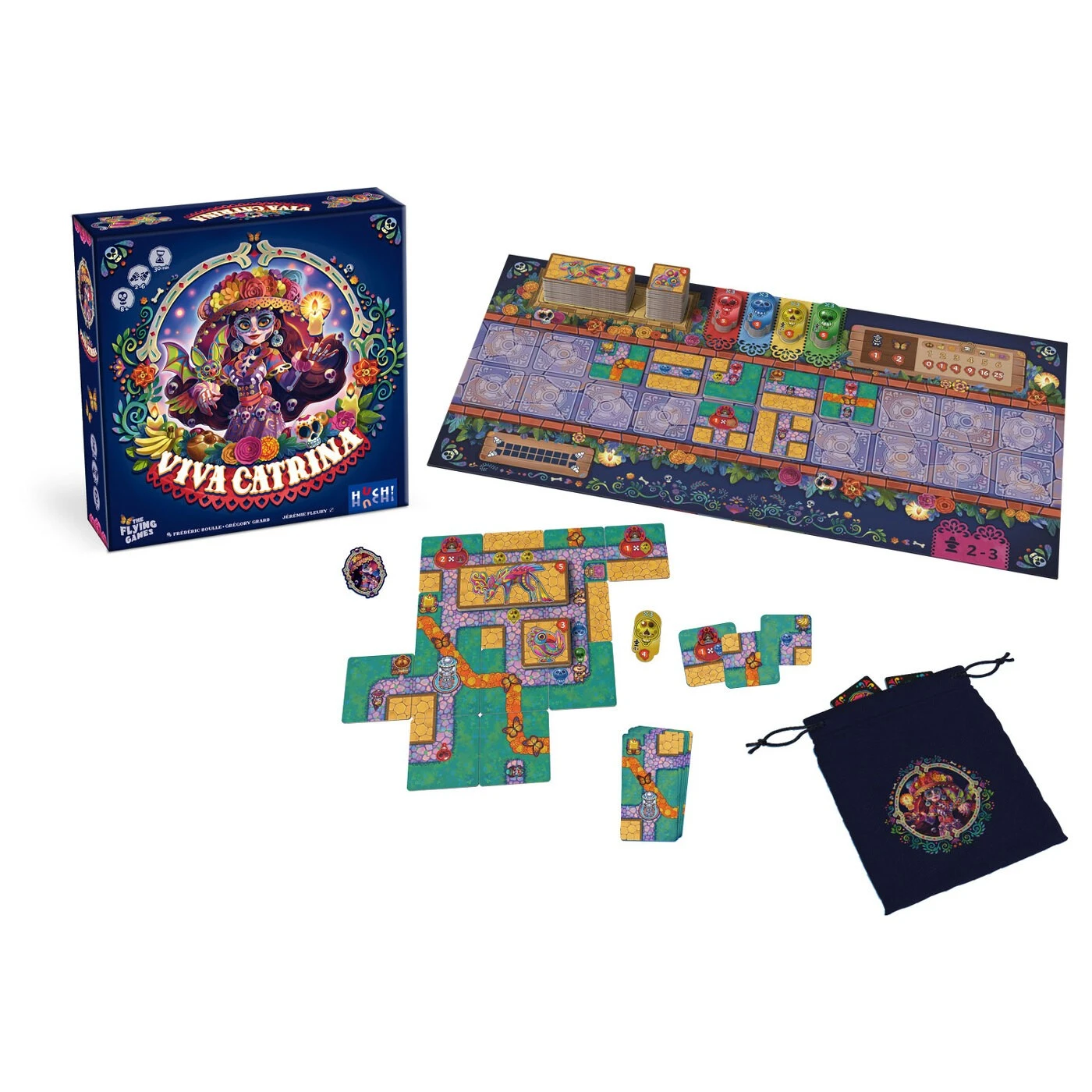 Viva Catrina Brettspiel mit farbenfrohen Dorfplättchen, Catrina, Chimären, Ballons und Blumenpfaden