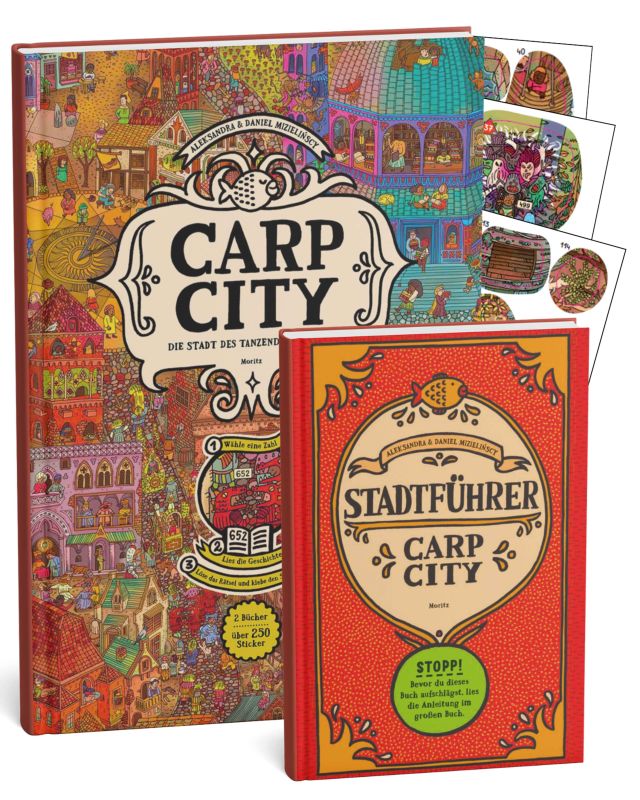 Carp City interaktives Rätselbuch mit wimmeligen Stadtillustrationen, wiederablösbaren Stickern und fantasievollen Figuren