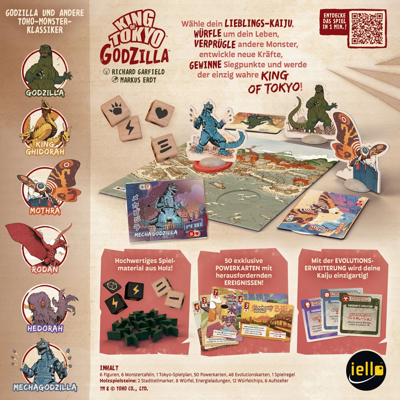 King of Tokyo Godzilla mit sechs Kaiju, Würfeln, Karten und Ereigniskarten
