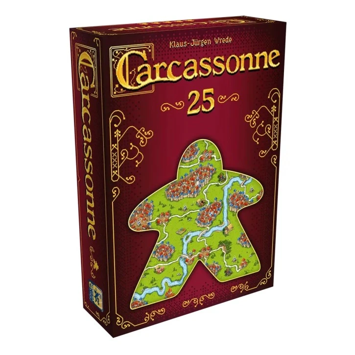 Carcassonne 25 Jahre Jubiläumsausgabe mit Pixel-Art-Spielplättchen, bunten Pixel-Meeple, Fluss und Mini-Erweiterung Pixel-Brunnen