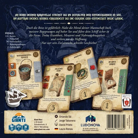 Adamastor Solospiel mit Seekarten, Ereigniskarten und Spielmaterial zur Erkundung unbekannter Länder im Zeitalter der Entdeckungen