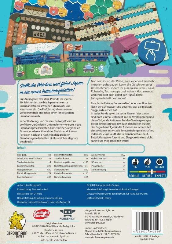 Brettspiel über den Aufbau eines Eisenbahnimperiums im historischen Japan mit Zügen und Schienennetz