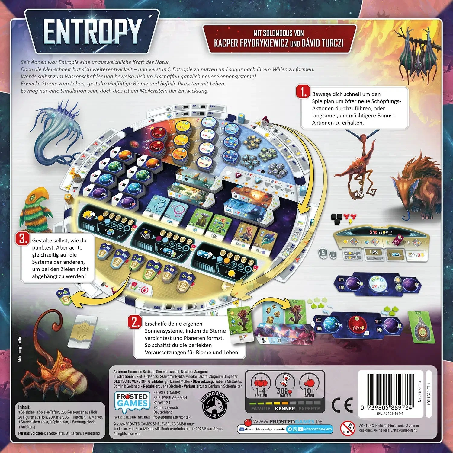 Entropy Kennerspiel mit Sonnensystemen, Planeten, Sternen, Asteroiden und Lebensform-Markern