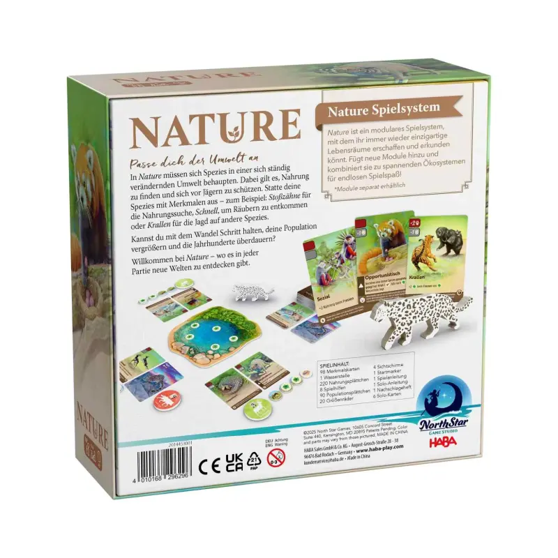 Nature Brettspiel mit Tieren, Artenkarten, Anpassungsmerkmalen und Nahrung in einem dynamischen Ökosystem