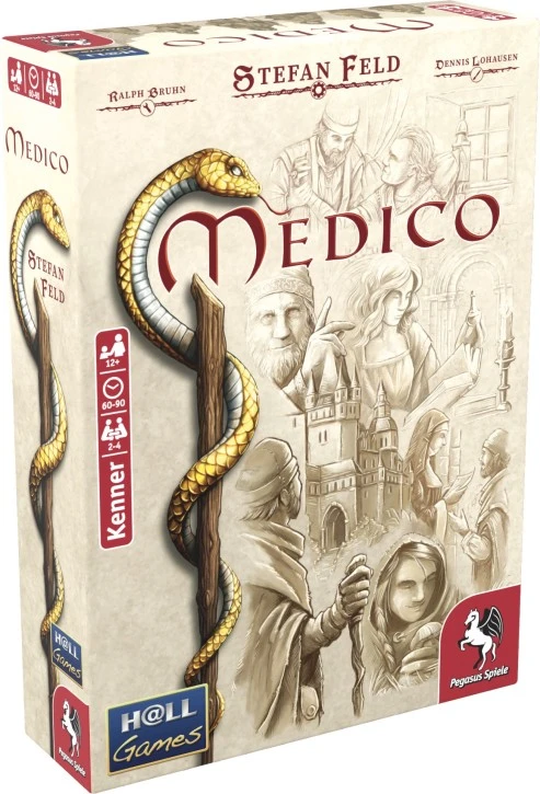 Medicus Brettspiel mit mittelalterlichem Spielplan, Heilmitteln, Wissensmarkern, Münzen und Holzfiguren