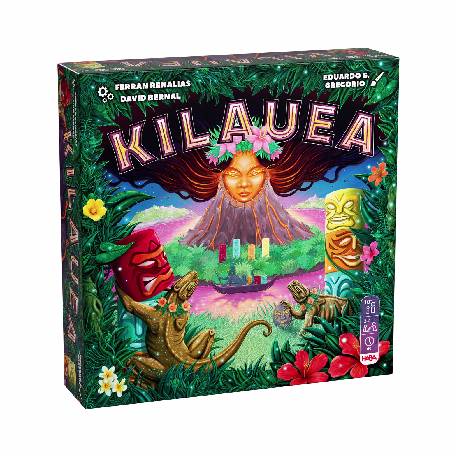 Kilauea Familienspiel mit Tiki-Säulen, farbigen Spielsteinen und Vulkan-Thema