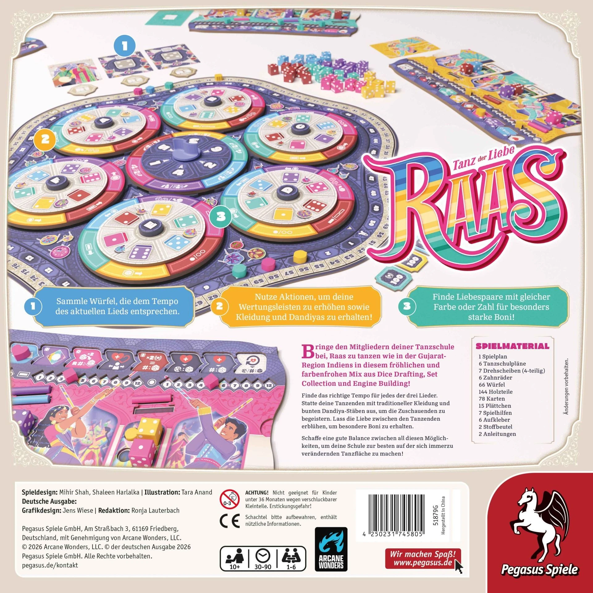 Raas Dice-Drafting-Spiel mit Tanzschulplänen, Würfeln, Drehscheiben und farbigen Holzteilen