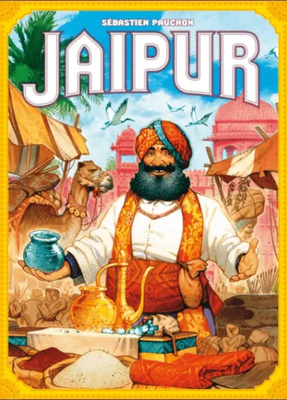 Jaipur Kartenspiel mit farbigen Warenkarten, Kamelkarten und Wertungsplättchen für den taktischen Handel