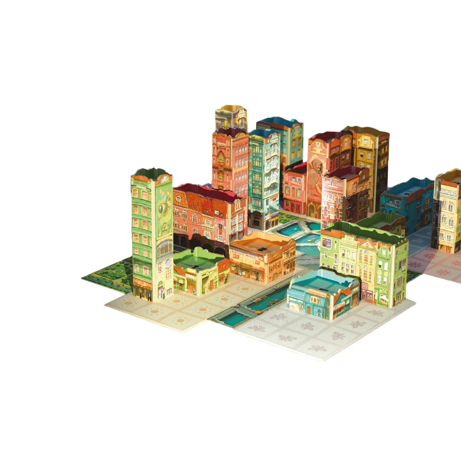 Bella Vista Brettspiel mit detailreichen 3D-Häusern, variablem Spielplan und farbigen Gebäuden für den Städtebau