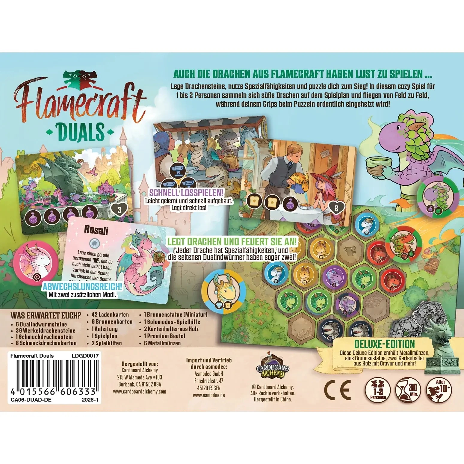 Flamecraft Duals Brettspiel mit bunten Drachensteinen, Ladenplättchen, Spielbrett und hochwertigen Deluxe-Komponenten