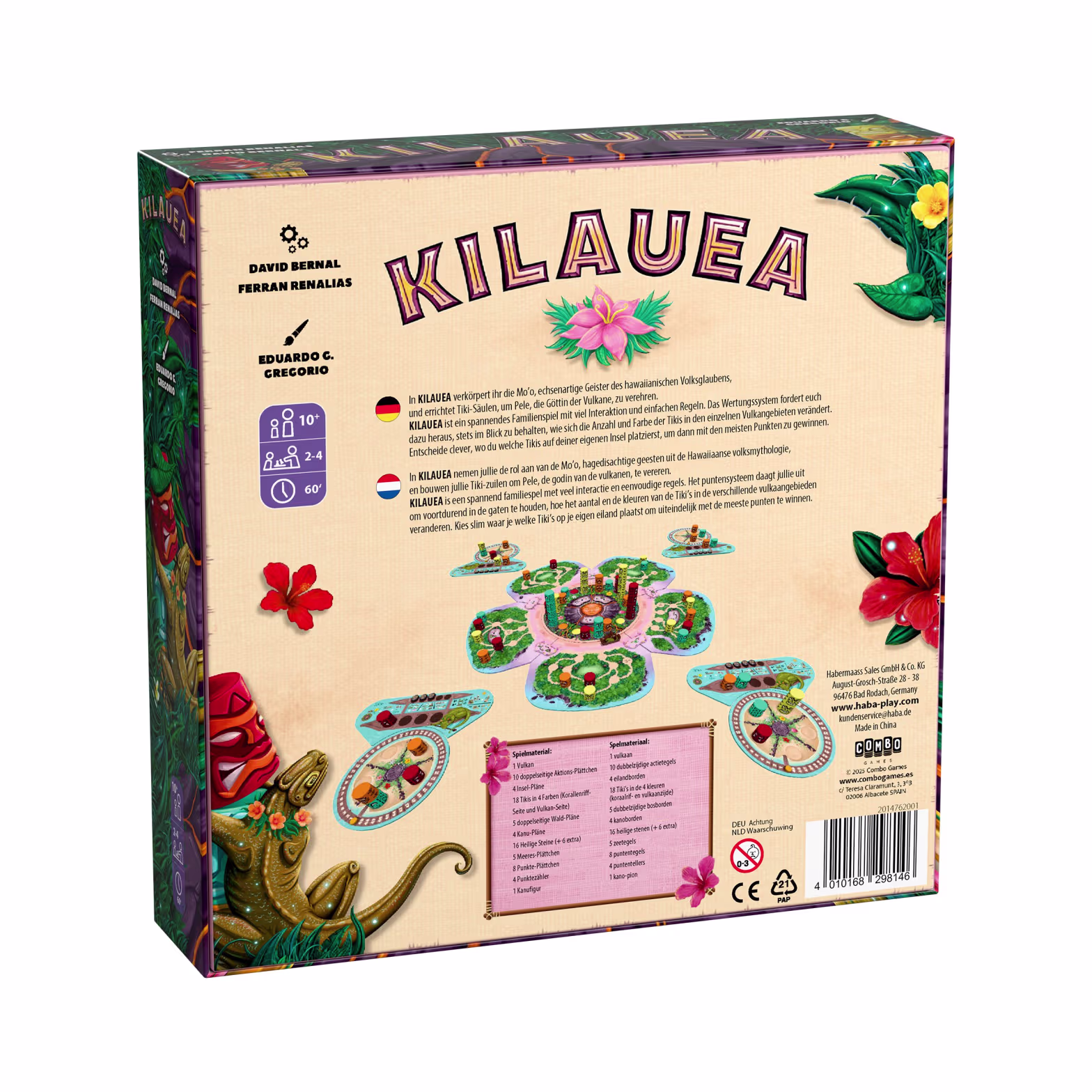 Kilauea Familienspiel mit Tiki-Säulen, farbigen Spielsteinen und Vulkan-Thema