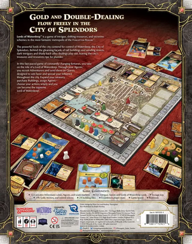 Lords of Waterdeep Brettspiel mit Stadtplan, Agentenfiguren, Abenteurer-Ressourcen, Gebäuden und Questkarten im Forgotten-Realms-Universum