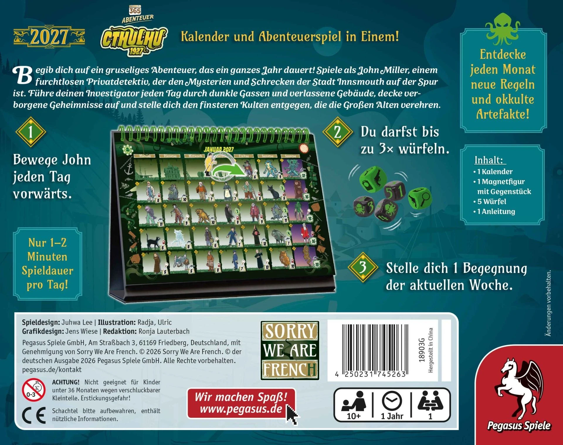 365 Abenteuer – Cthulhu 1927 Kalender mit John Miller, Würfeln und täglichem Cthulhu-Abenteuer