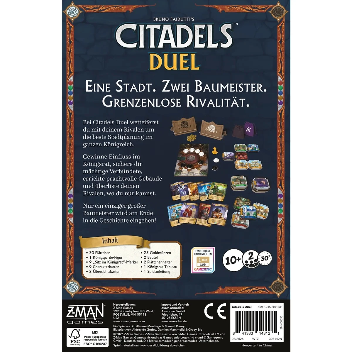 Citadels Duel Brettspiel mit Gebäudekarten, Charakterplättchen und Stadtbezirken für zwei rivalisierende Baumeister
